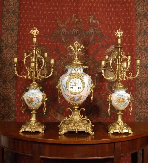 *****  Sold  *****  Large Antique French Porcelain and Gilt  Clock Set - A.d Mougin
